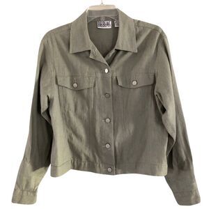Bill Blass Linen Blend Trucker Jacket Womens Sz M VTG Taupe Coastal Button Front